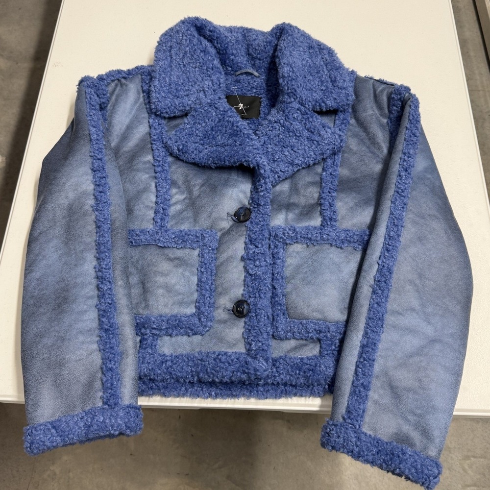 7 For All Mankind Faux Fur Suede Jacket Womens M Blue Cropped Shearling